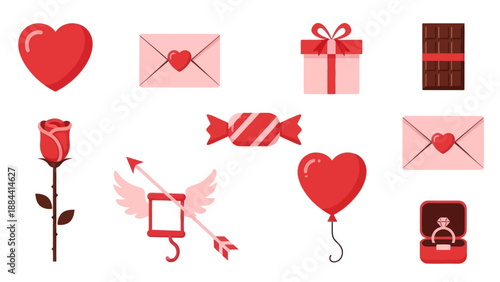 Valentine's Day Icons: Hearts, Rose, Gift Box, Chocolate, Envelope, Ring, Cupid's Arrow