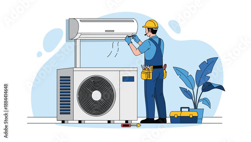 Professional technician wearing a hard hat and tool belt repairing or installing a modern air conditioning unit in a room.