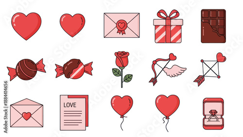 Valentine's Day Icon Set: Hearts, Gifts, Chocolate, Rose, Envelopes, Ring