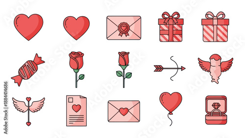 Valentines Day Icons Set: Hearts, Roses, Gifts, Love Letter, Cupid, Ring