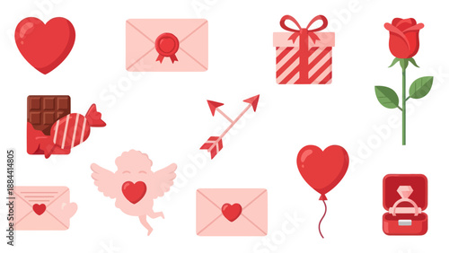 Valentine's Day Icons: Hearts, Rose, Gift, Cupid, Chocolate, Envelopes, Ring