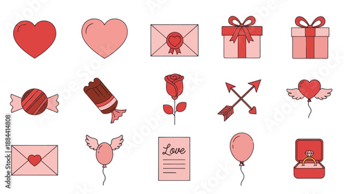 Valentine's Day Icons: Hearts, Gifts, Envelopes, Rose, Candy, Ring, Balloons