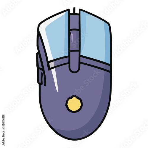 An illustration of a purple computer mouse with a blue scroll wheel and two buttons on top