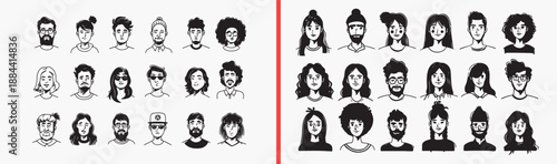 Family Portrait Faces Illustration Set, Hand Drawn Character Collection Art, Diverse People Sketch Design Vector, Cute Cartoon Family Clipart Bundle, Simple Face Doodle Graphics Stock, Minimalist Char