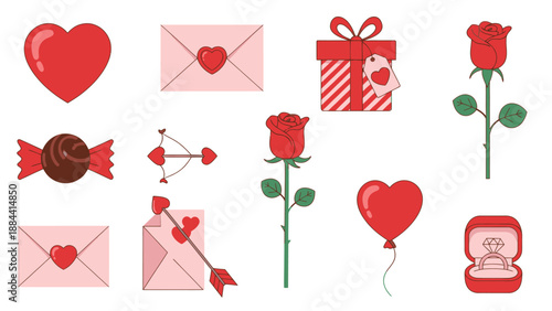 Valentine's Day Icons Set: Hearts, Roses, Gift, Envelope, Ring, Candy, Arrow