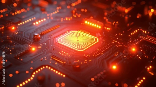 Digital Circuitry: A close-up view of intricate digital circuitry, illuminated by an eye-catching orange glow, symbolizing the complex heart of modern technology. 