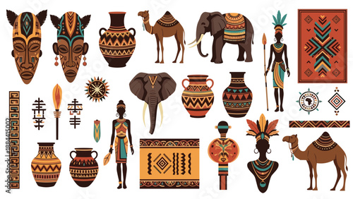 Diverse collection of traditional African cultural elements including tribal masks, pottery, figures, animals, and ethnic decorative patterns.