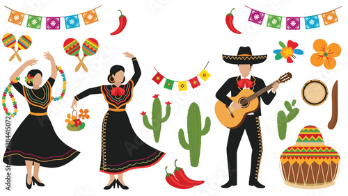 Mexican culture illustration featuring people in traditional clothing dancing and playing guitar among cacti, maracas, and chili peppers.