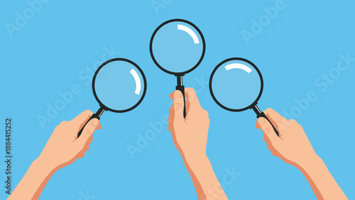 Three hands holding magnifying glasses up against a solid blue background representing investigation, search, and detailed discovery concepts.