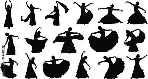 Black flamenco dancer silhouettes collection showing elegant Spanish dance poses with flowing dresses isolated on white background for dance art, culture, performance and design concepts
