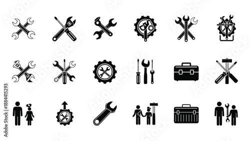Comprehensive set of hardware and maintenance tool icons including wrenches, screwdrivers, gears, and toolboxes in black silhouette style.