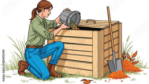 Woman kneeling adding organic waste to a wooden compost bin with shovel and leaves