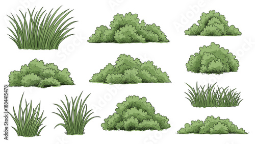 Collection of hand drawn style green bushes and tufts of grass in various shapes and sizes to be used as garden and nature design elements.