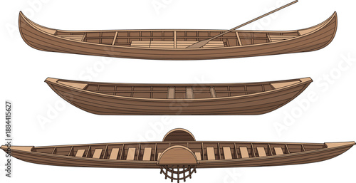 Wooden boat from different angles with oar traditional boat three views
