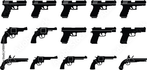 Black handgun and revolver silhouettes collection showing different pistol firearm types isolated on white background for security, military, law enforcement, shooting sport