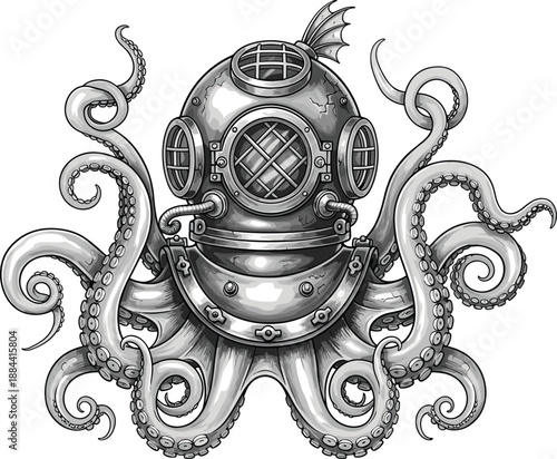 Vintage diving helmet with octopus tentacles monochrome antique