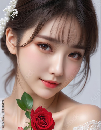 Beauty portrait of a beautiful young woman. Beautiful natural face, beauty image, red rose flower.美しい若い女性の美容ポートレート。美しい素顔、美容イメージ、赤い薔薇の花。