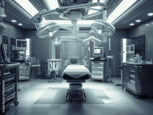 Modern and sterile operating room with advanced medical equipment and bright overhead surgical lights. The empty hospital theater is ready for a professional medical procedure.