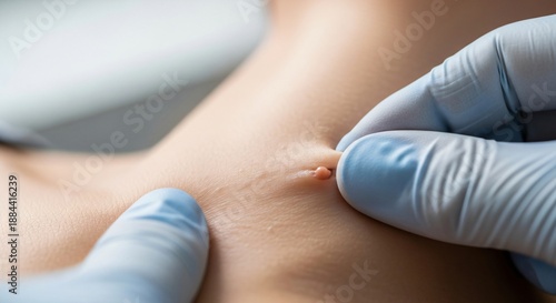 Skin Tag During Dermatology Examination, Close-up Detail, Medical Gloves Visible, Clean Clinical Background