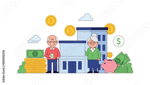 Retirement planning concept showing an elderly couple standing in front of a building with stacks of coins, banknotes, and a piggy bank.