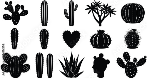 Cactus and Succulent Silhouette Collection Showing Desert Plants, Prickly Pear, Barrel Cactus, and Agave Shapes for Botanical, Nature, and Design Concepts Isolated on White Background