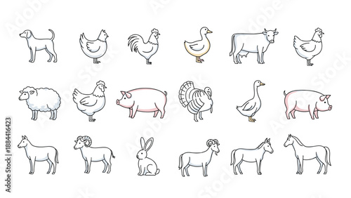 Large collection of farm animal outline drawings including pigs, cows, sheep, chickens, horses, and rabbits for children education materials.