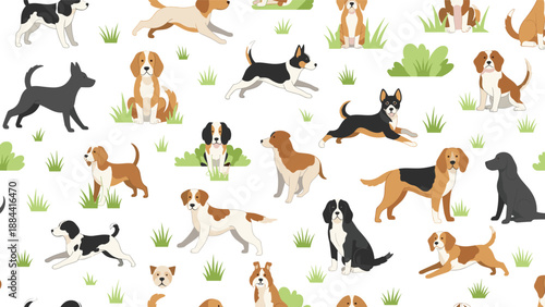 Seamless pattern design featuring various breeds of dogs in different poses like sitting, running, and standing on a clean white background.