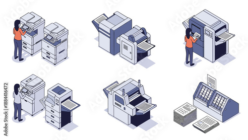 Isometric illustrations showing office workers using multi-functional printing machines and scanners for document management and copying.