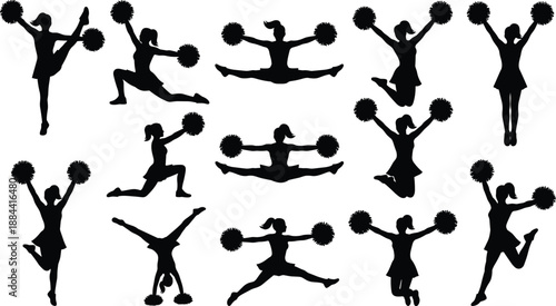 Cheerleader Silhouettes Collection Showing Female Performers Jumping Kicking and Dancing with Pom Poms for Sports Events, Team Spirit, Cheerleading Fitness and Performance Concept Illustration