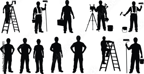 Black painter and construction worker silhouettes showing painting, ladder work and tools isolated on white background for renovation, maintenance, industry, labor and professional service concepts