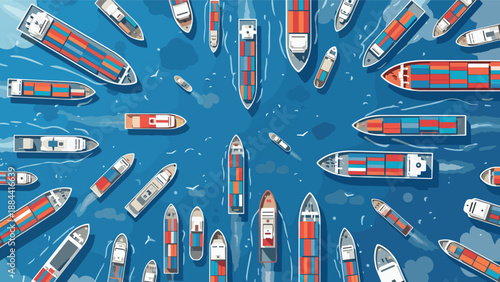 Top view perspective of many cargo ships and nautical vessels of various sizes navigating across a deep blue ocean for maritime logistics.