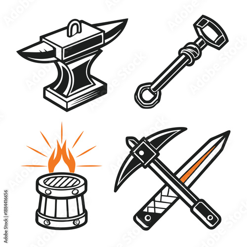 Black and white illustrations of anvil, sledgehammer, burning brazier, and crossed pickaxe and sword, industrial