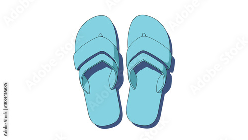 Pair of simple light blue rubber flip flops or beach sandals viewed from above and isolated on a white background for summer holiday themes.