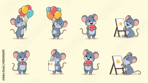 Cute gray mouse character set engaged in various fun activities such as holding colorful balloons, painting on a canvas, and carrying hearts.
