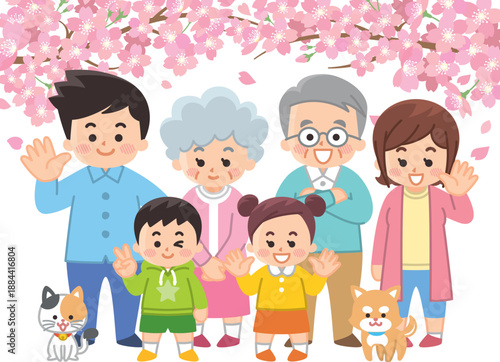 桜と春服を着た家族