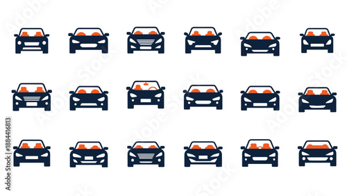 Grid of fifteen dark blue car icons shown from a front perspective with orange interior highlights on a plain white background for design.