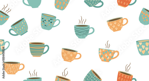 Cozy seamless pattern featuring a variety of colorful and decorated steaming coffee or tea mugs on a clean white background for a cafe theme.