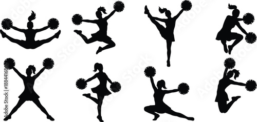 Cheerleader Silhouettes Set Showing Female Dancers Performing Dynamic Jumps and Poses with Pom Poms for Sports Events, Team Spirit, Dance and Performance Concept Illustration