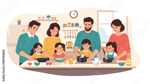 Multi-generational family preparing a meal together in a modern kitchen focusing on collaboration and having fun while cooking healthy food.