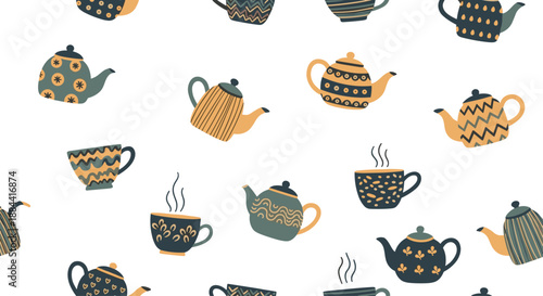 Seamless pattern of whimsical, decorated teapots and steaming cups of tea in a folksy, hand-drawn style, perfect for tea party themes.