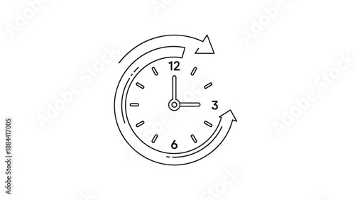 Minimalist clock face illustration with circular arrows indicating a 24-hour service, time management, or the concept of time passing by.
