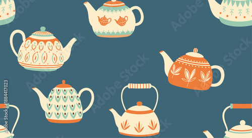 Seamless pattern of beautifully decorated teapots and kettles in a rustic, Scandinavian folk art style on a dark blue background.
