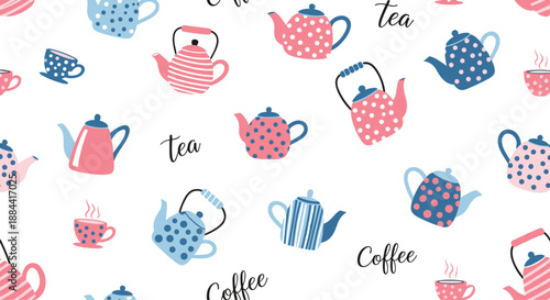 Playful seamless pattern of pink and blue teapots, kettles, and cups with 'tea' and 'coffee' text, on a clean white background.