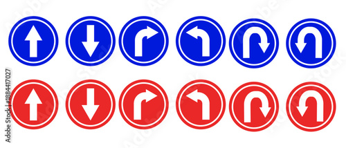 U turn left and right arrow sign direction icon set. Go straight, this way, one way only U turn, left and right arrow. Along with prohibition icons for straight ahead, right and left turns.