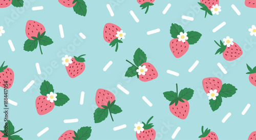 Cute seamless pattern of pink strawberries with white flowers and green leaves scattered on a light blue background with white sprinkles.