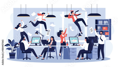 Busy office environment illustration with energetic workers jumping and documents flying through the air to represent a chaotic workplace.