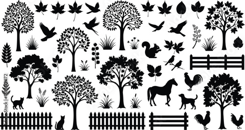 Black nature silhouettes collection featuring trees, leaves, birds, animals and fences isolated on white background for landscape design, countryside illustration, garden projects and vector use