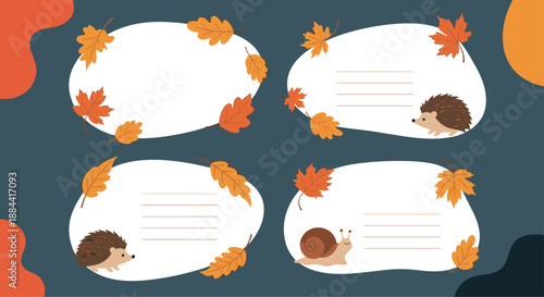Set of four autumn-themed labels or name tags with cute hedgehogs, a snail, and fall leaves, with lines for writing text inside.
