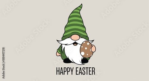 Cute Easter gnome with a green striped hat and a big white beard, holding a decorated chocolate egg, with 'Happy Easter' text below.