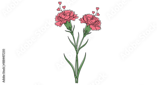Continuous line drawing of two pink carnation flowers with small hearts blooming from them, a symbol of love for Mother's Day.